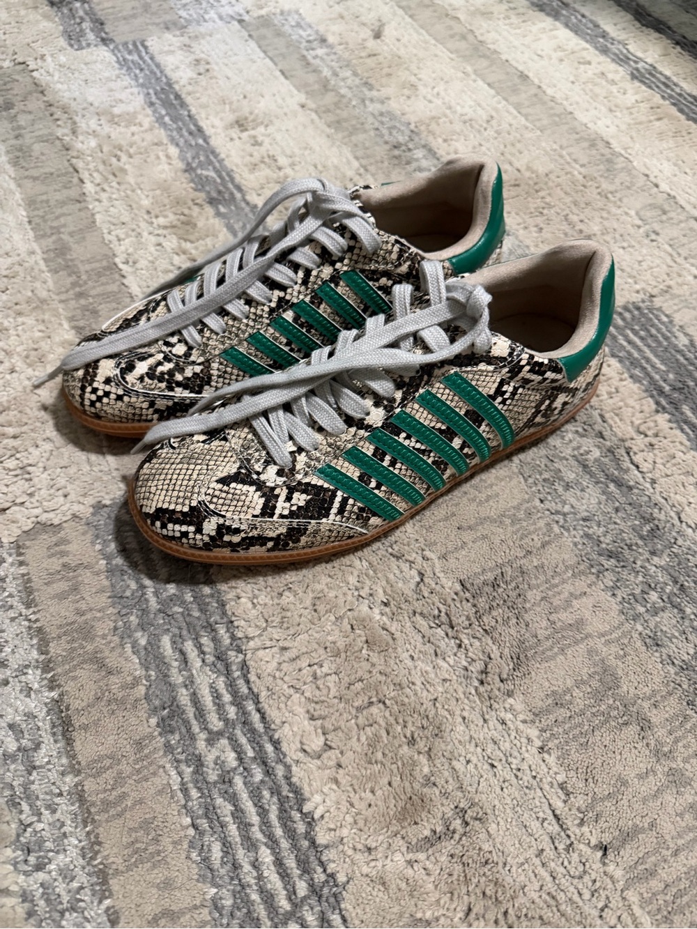ShuShop Black and Cream Snakeskin Sneakers with Green Stripes